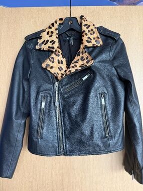 BRAND NEW Muubaa Leopard Collar Leather Biker Jacket size 4 US